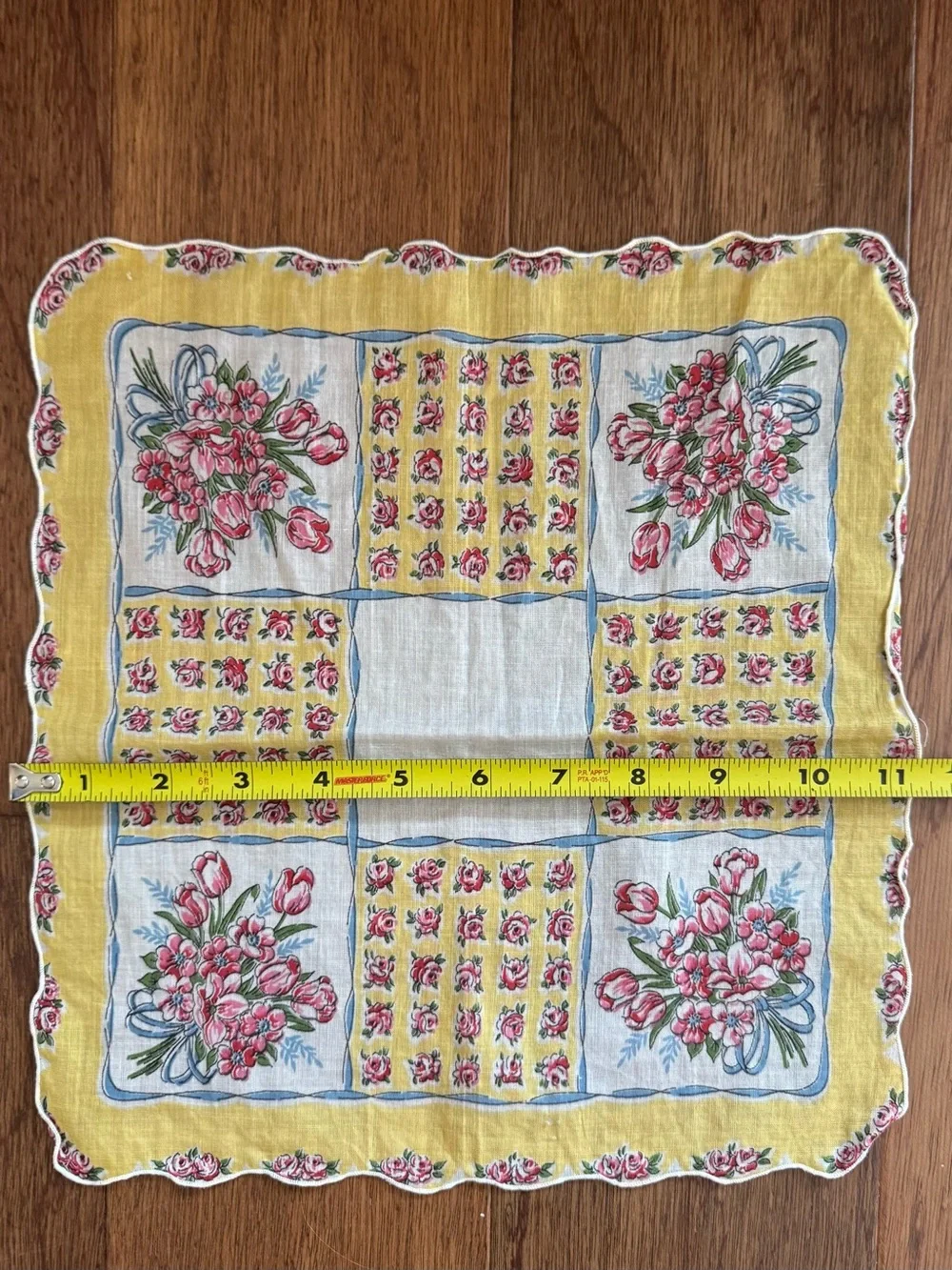 3 Vintage  Floral Embroidered and Crochet-Trim Handkerchiefs Yellow Pink & White